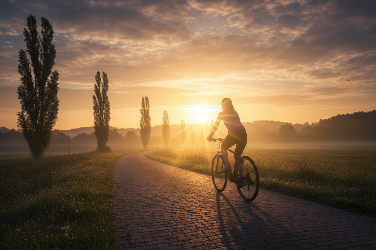 lady bicycling early morning as sun is rising behind her