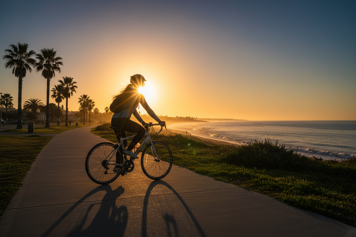 Lady riding a bike with sunrise